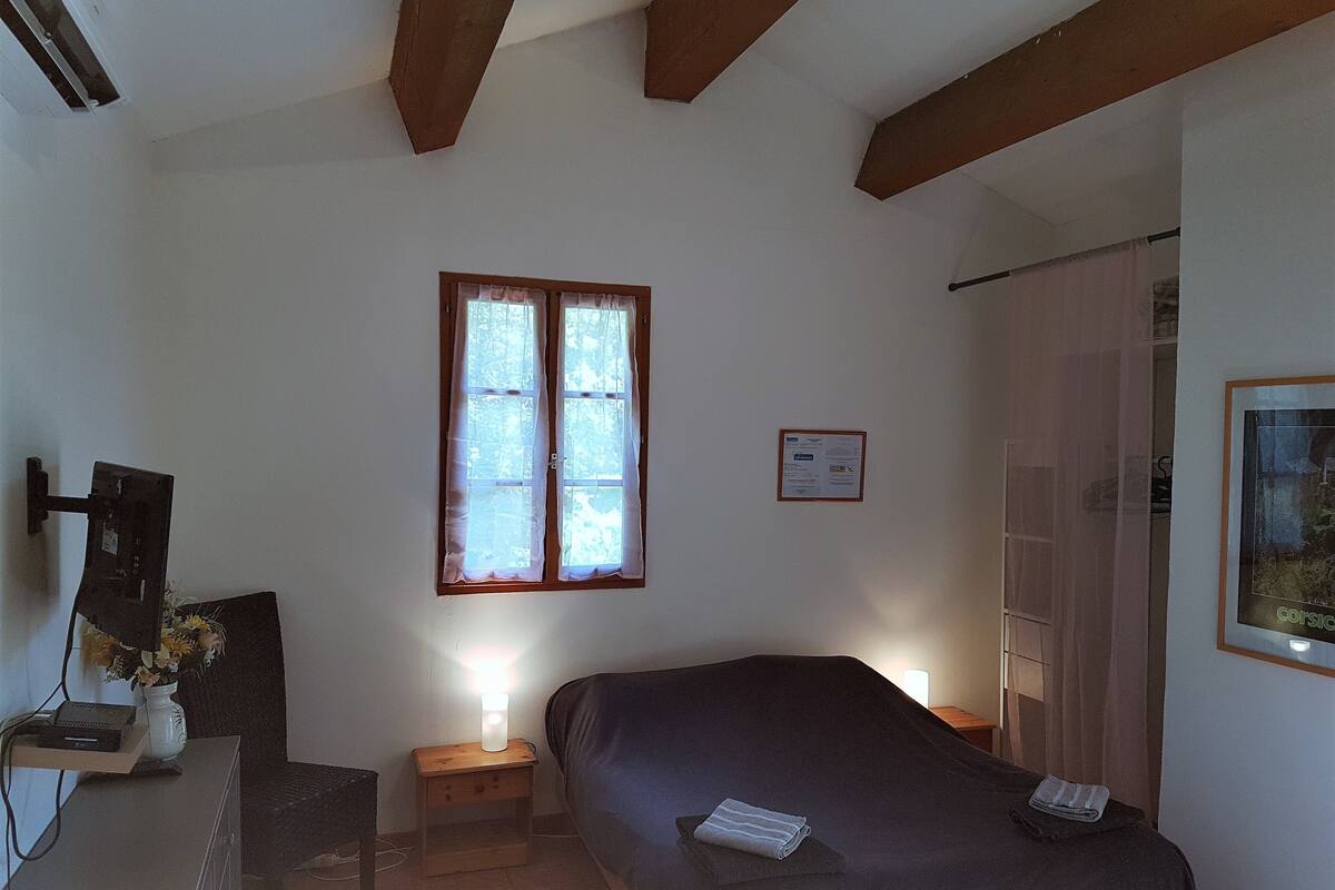 Une chambre à coucher avec un lit, une table de chevet avec une lampe, un bureau avec un ordinateur et un vase de fleurs, une fenêtre avec des rideaux et un tableau encadré au mur.