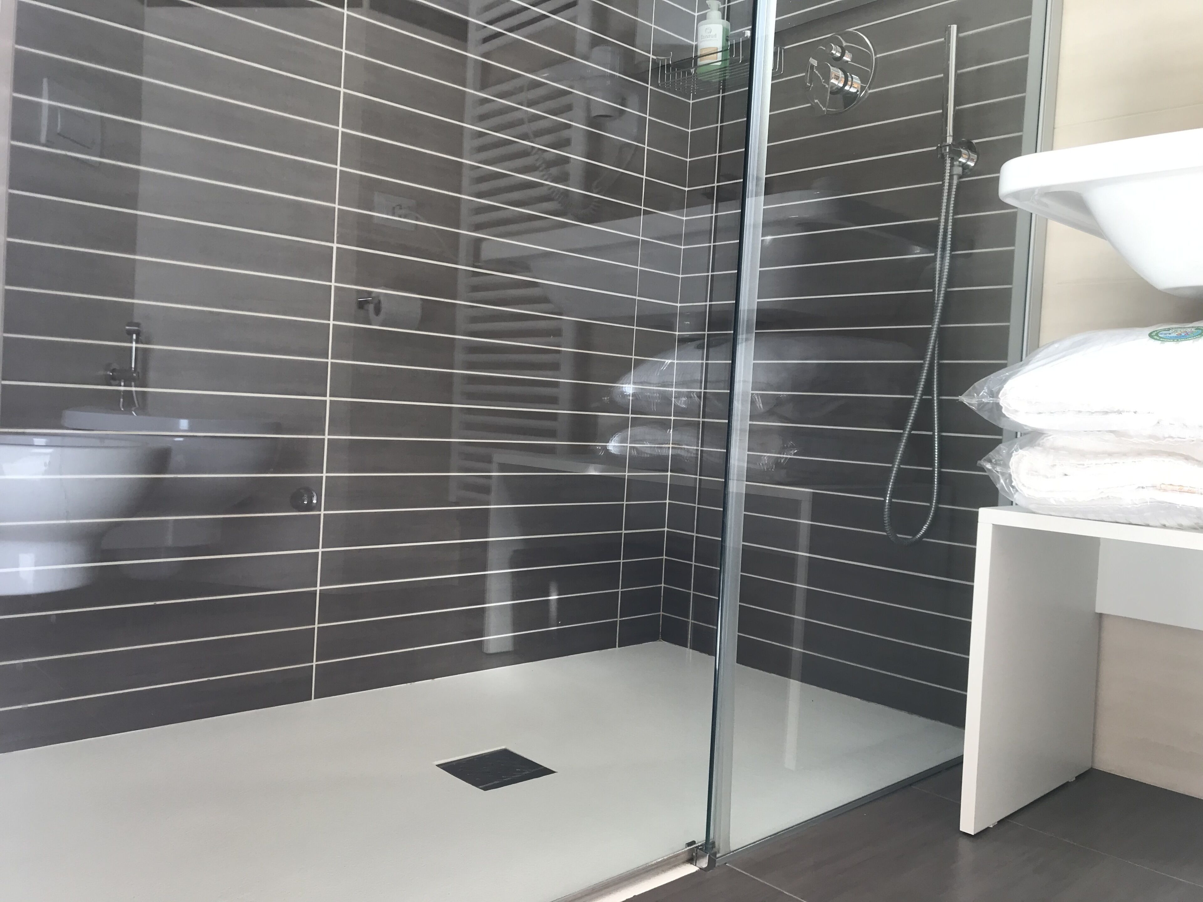A modern bathroom with a glass-enclosed shower, dark tiled walls, and a white sink area.