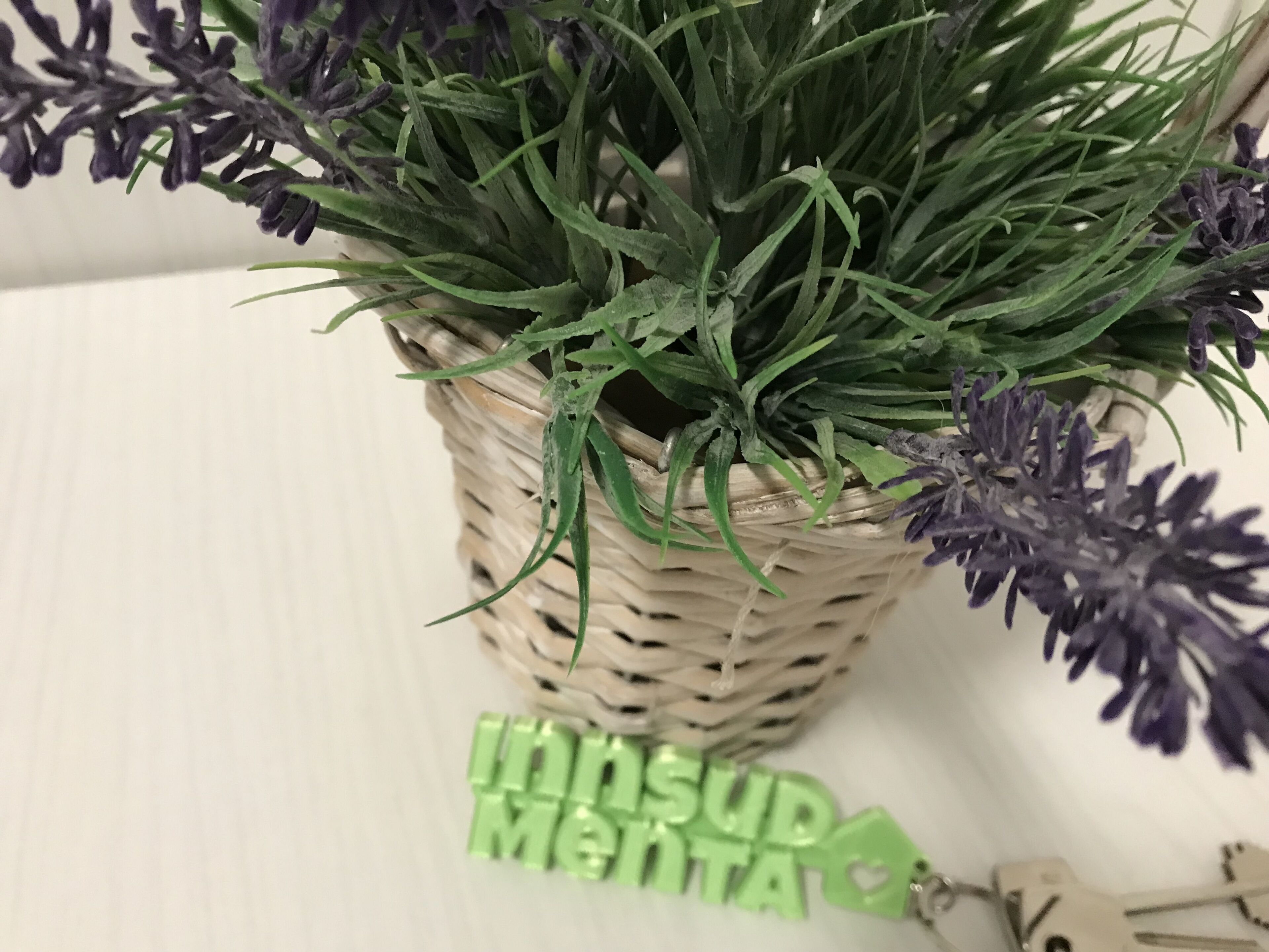 A woven basket containing green foliage and purple flowers, with a small green sign reading "INSUD MENTA" on a white surface.