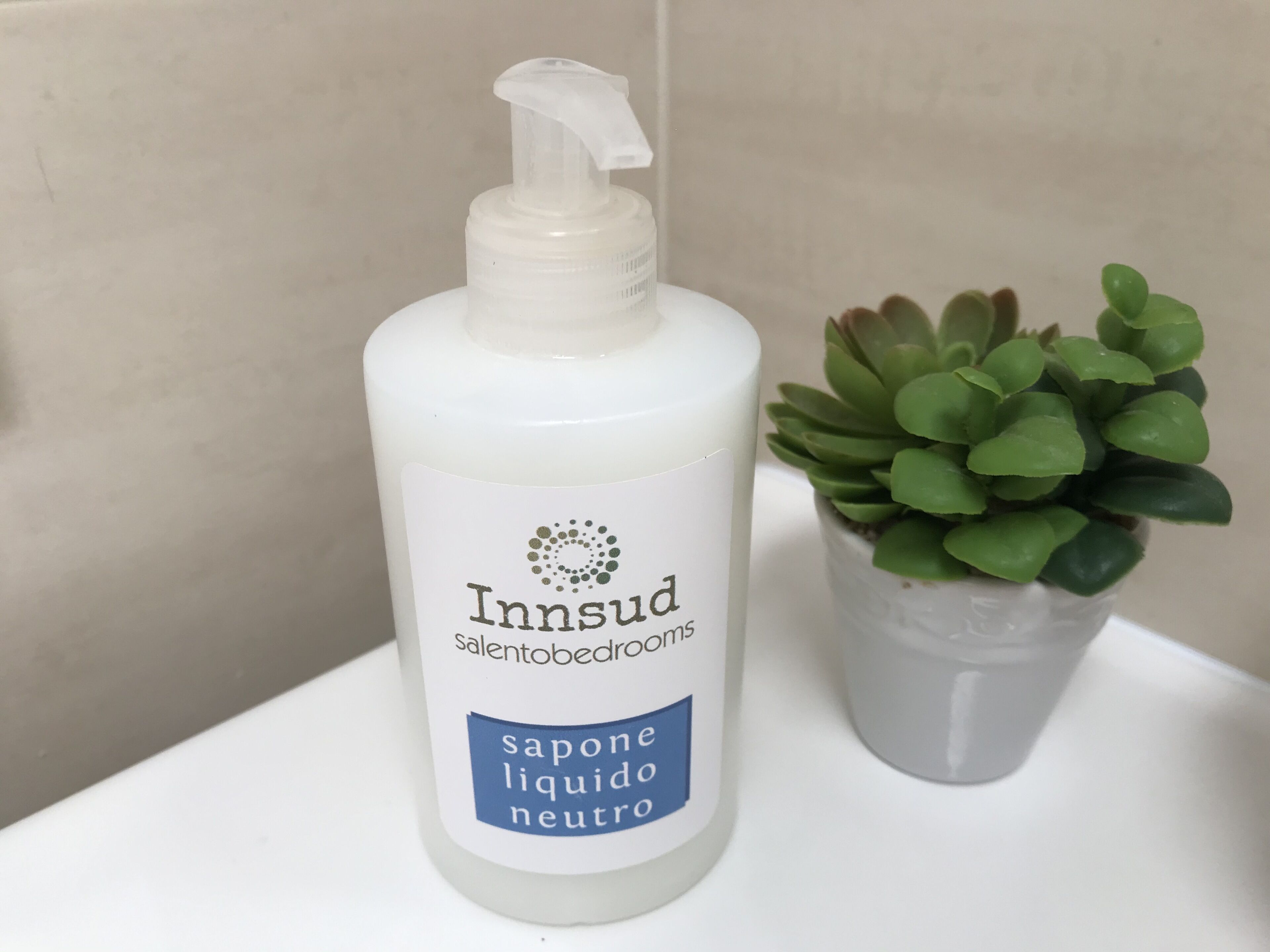 A bottle of Insnd Salentobedroom soap and a small potted plant on a white surface.