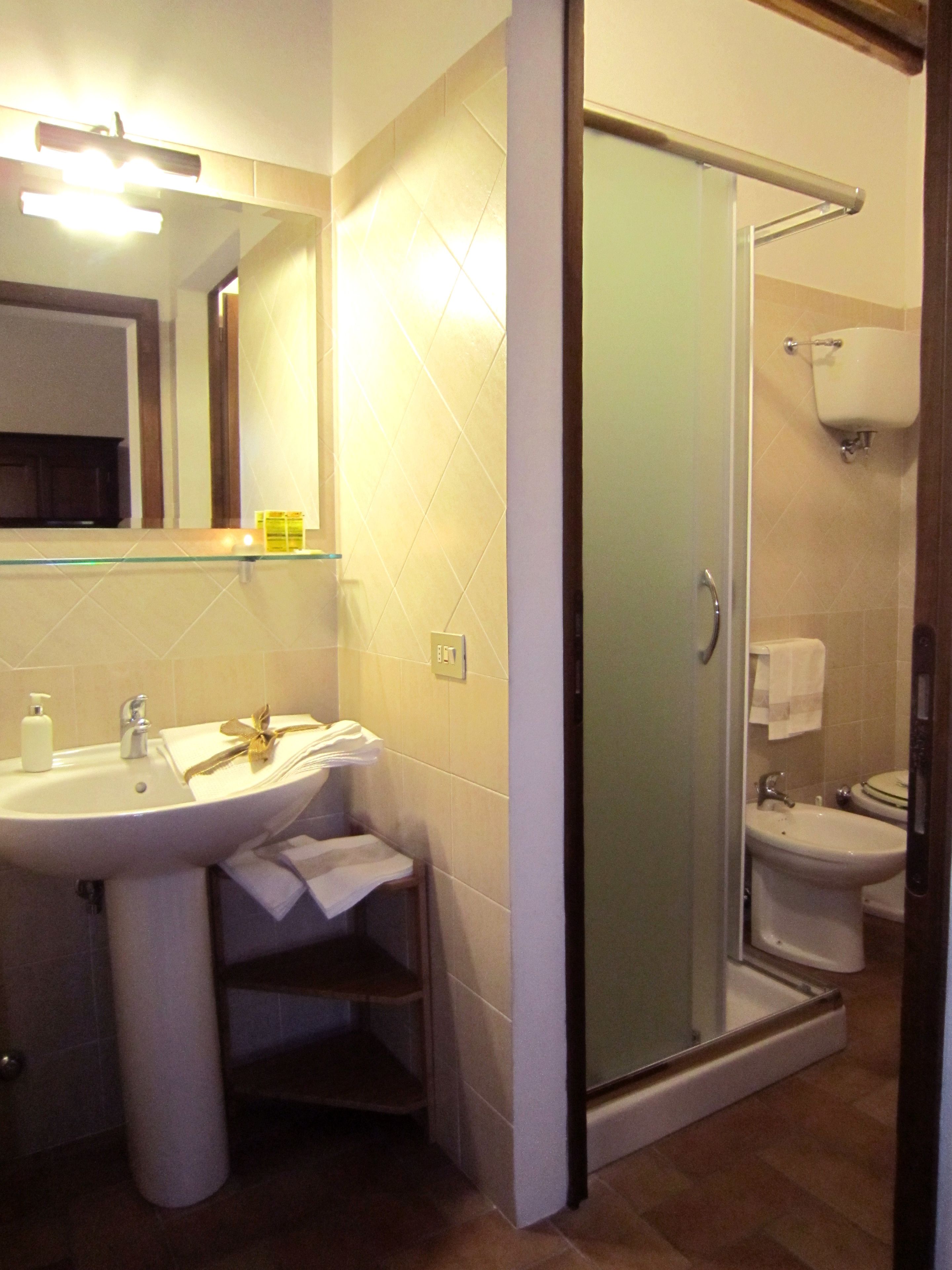 Une salle de bain équipée d’un lavabo, d’un miroir, d’une douche et d’un bidet.
