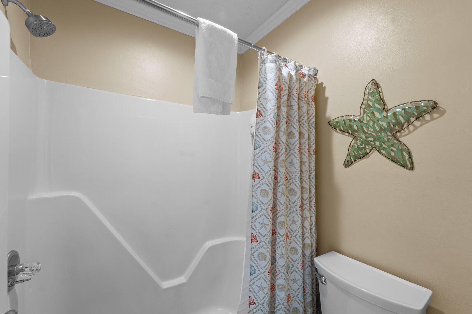 A bathroom with a shower, toilet, and a starfish decoration on the wall.