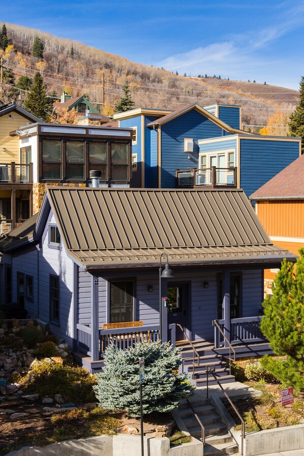A two-story house with a metal roof, a front porch, and a staircase leading to the entrance.
