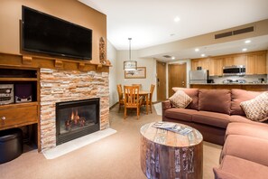 TV, lareira, DVD player, aparelho de som