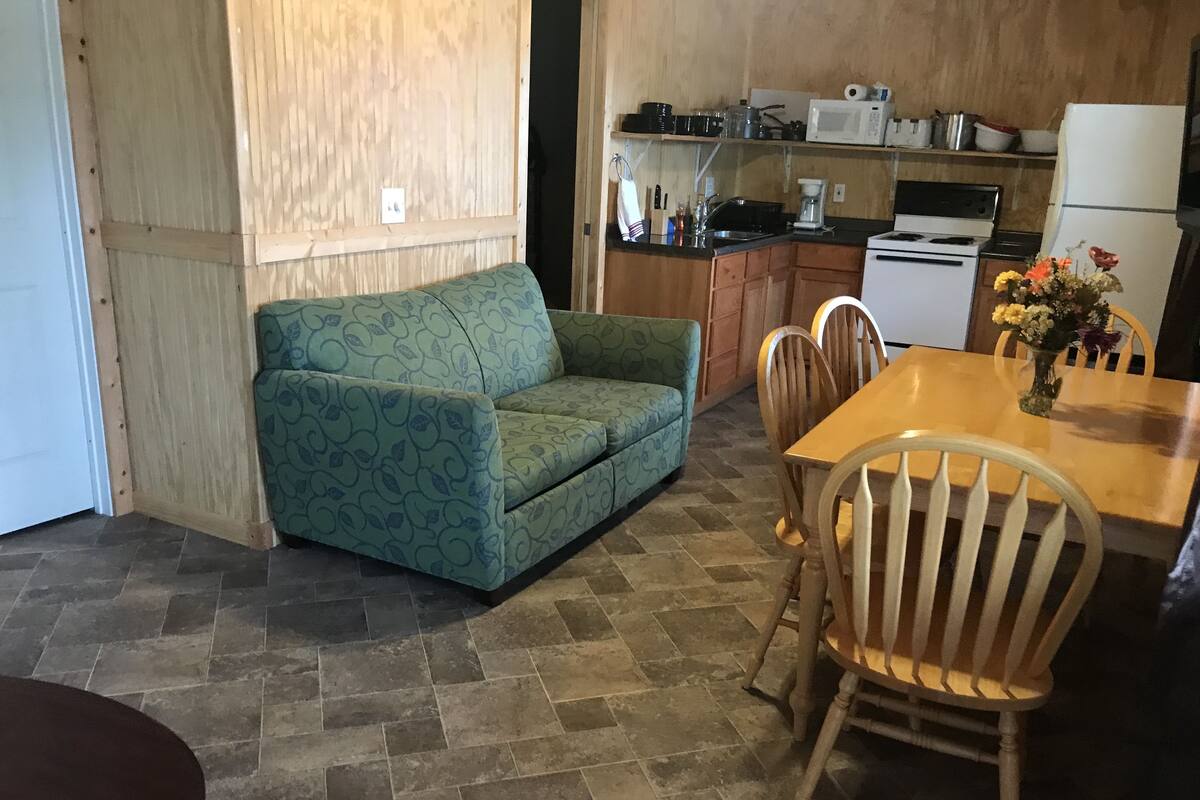 A compact living space with a sofa, dining table, chairs, and a kitchenette.