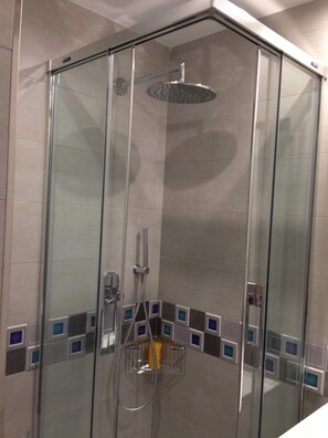 Shower, hair dryer, towels, toilet paper