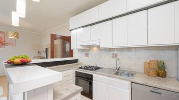 Een koelkast, een oven, een kookplaat, een vaatwasser