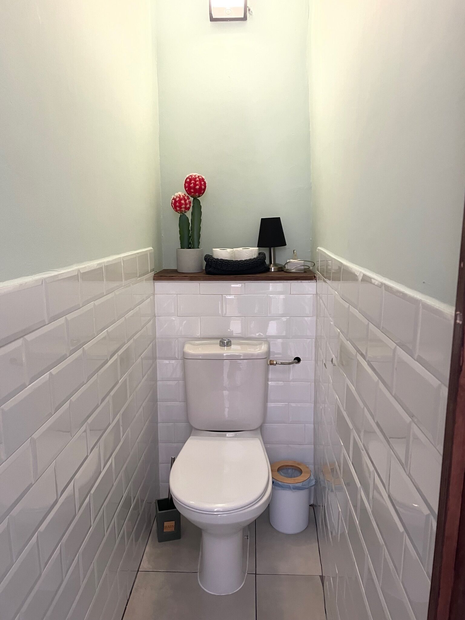 Un baño pequeño con baldosas blancas, un inodoro, un cubo de basura, un estante con una lámpara y dos plantas en macetas.