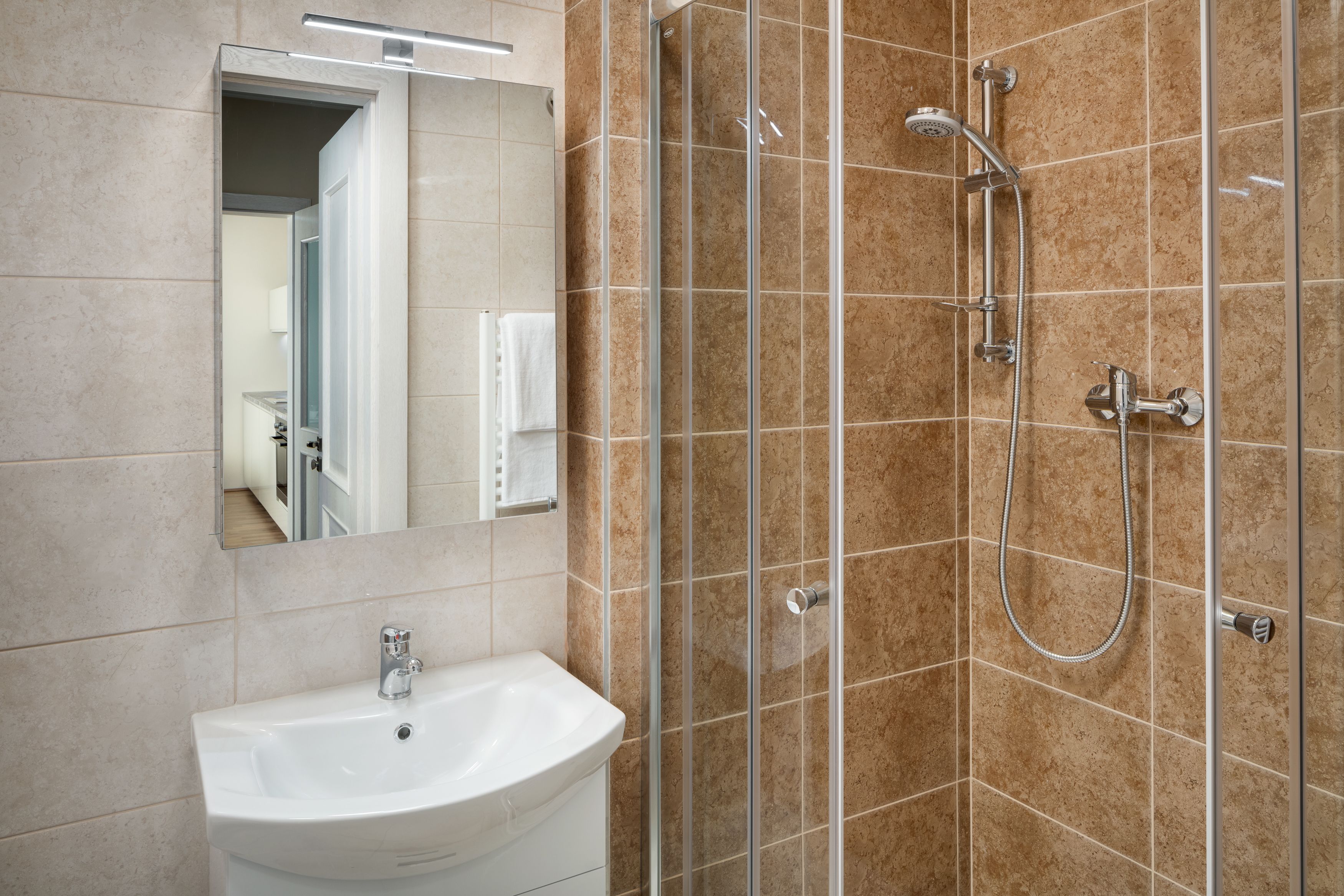 A bathroom with a white sink, a mirror, and a glass-enclosed shower with a handheld showerhead.
