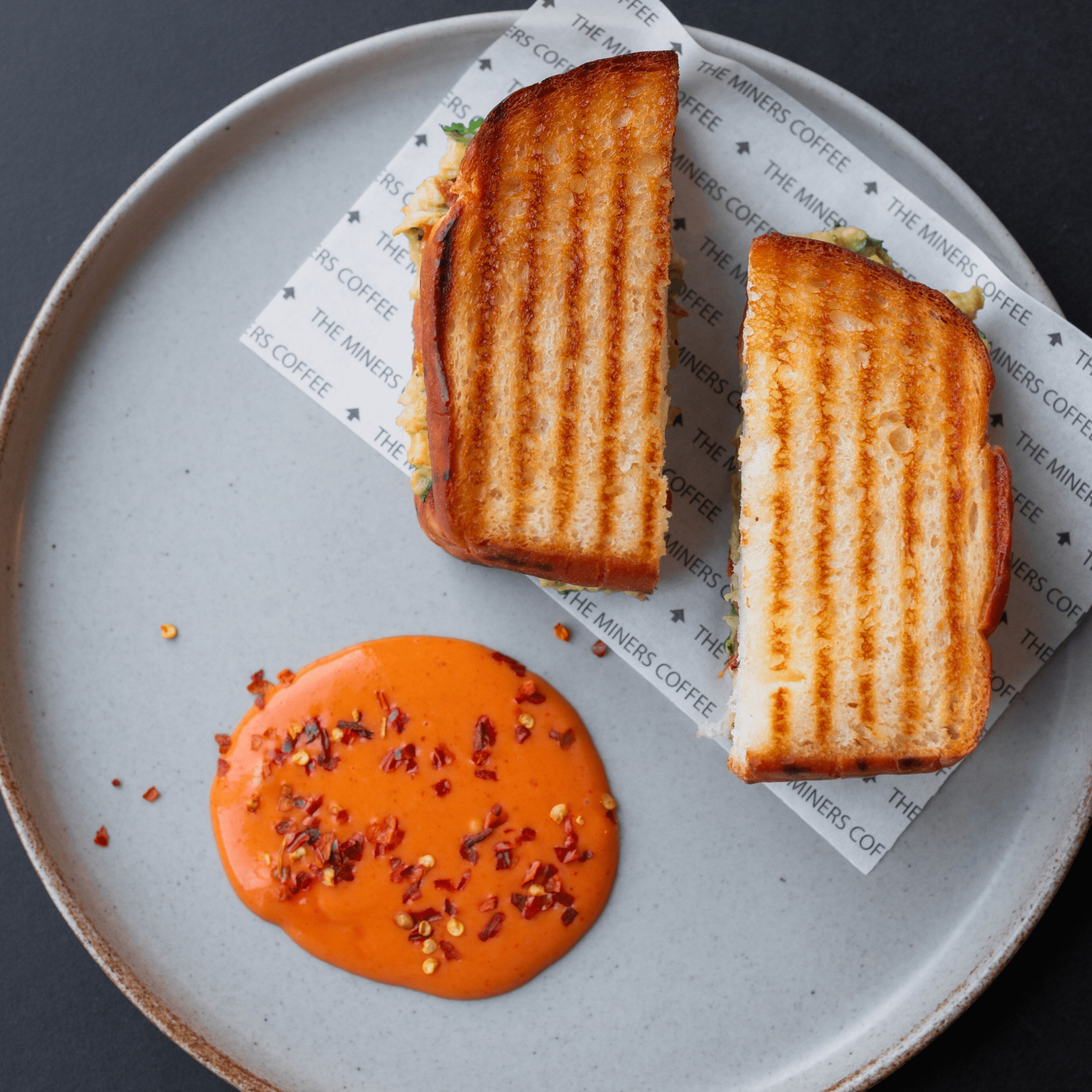 A plate with a grilled sandwich and a side of sauce.