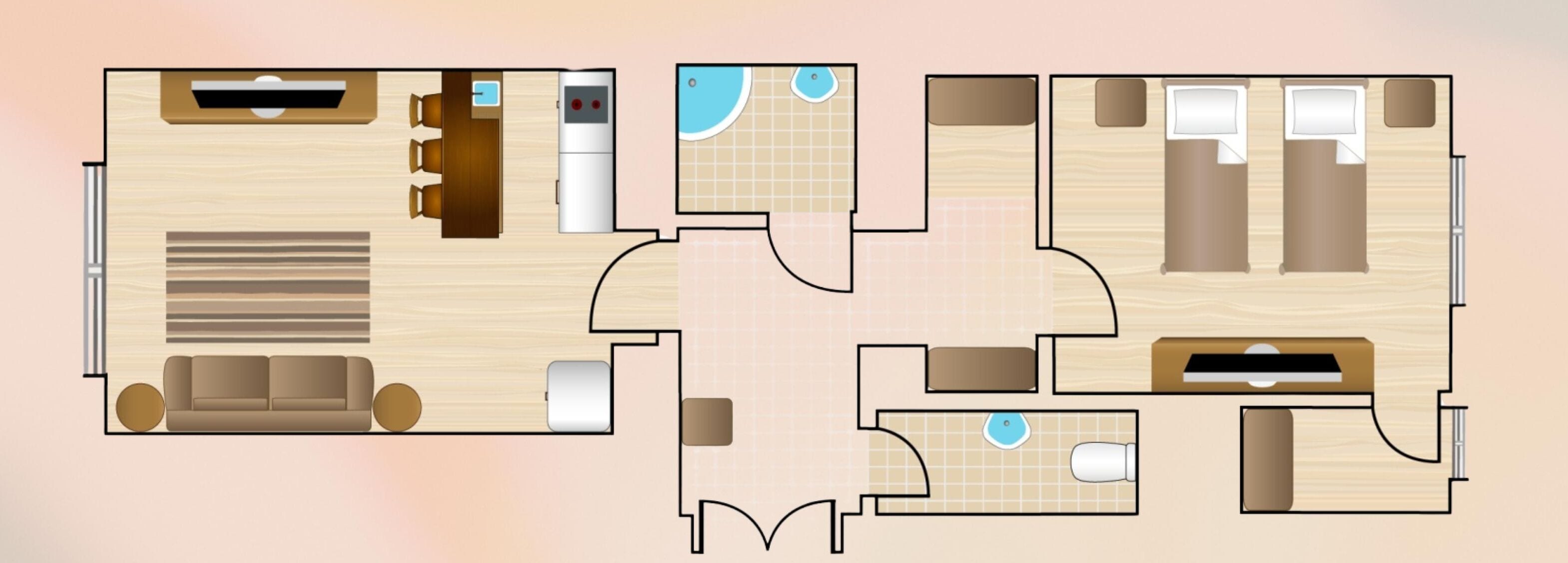 Indeling van een hotelkamer met een zithoek, eethoek, keuken, twee slaapkamers en een badkamer.