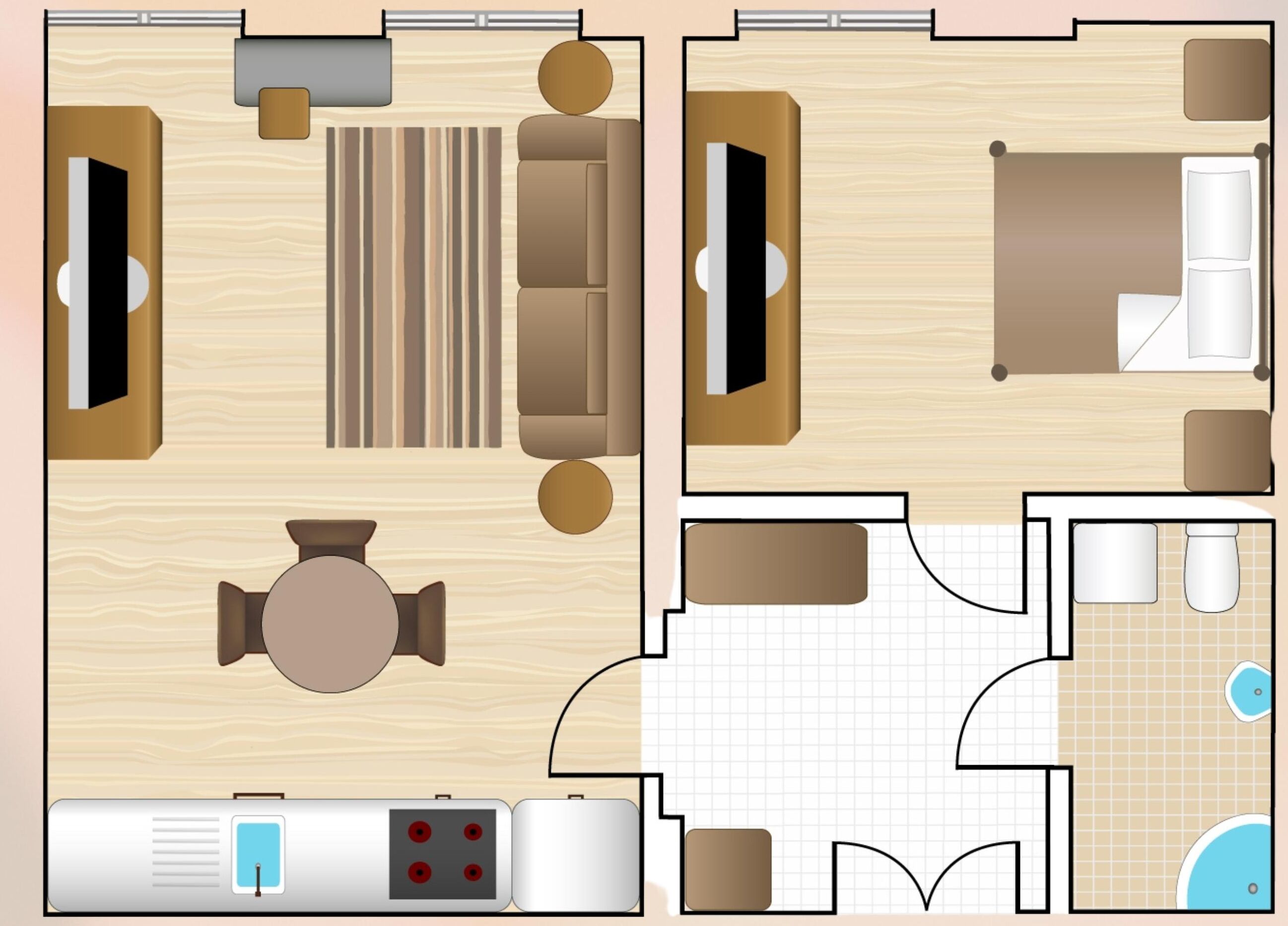 Grundriss eines Hotelzimmers mit Bett, Schreibtisch, Stuhl, einem kleinen Tisch, einer Couch und einem Badezimmer.