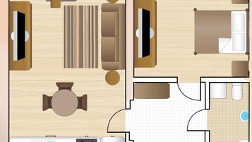 Grundriss eines Hotelzimmers mit Bett, Schreibtisch, Stuhl, einem kleinen Tisch, einer Couch und einem Badezimmer.