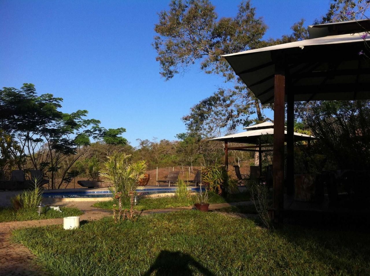 Un jardin avec une piscine, des chaises longues et un kiosque.