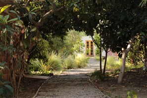 Un chemin menant à un bâtiment doté d’une porte en bois, entouré d’une végétation luxuriante et d’arbres.