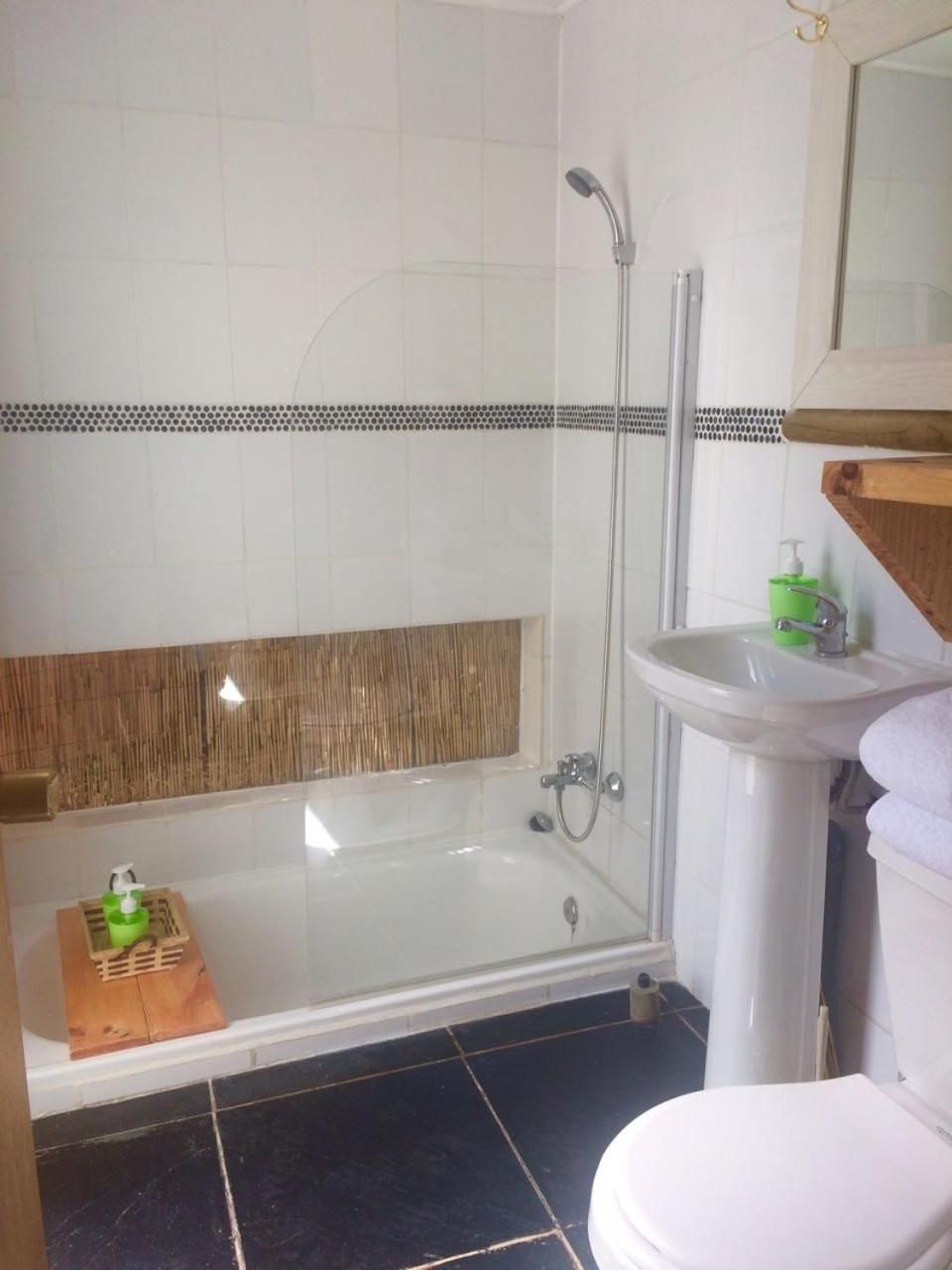 Un baño con bañera, ducha, lavabo e inodoro.