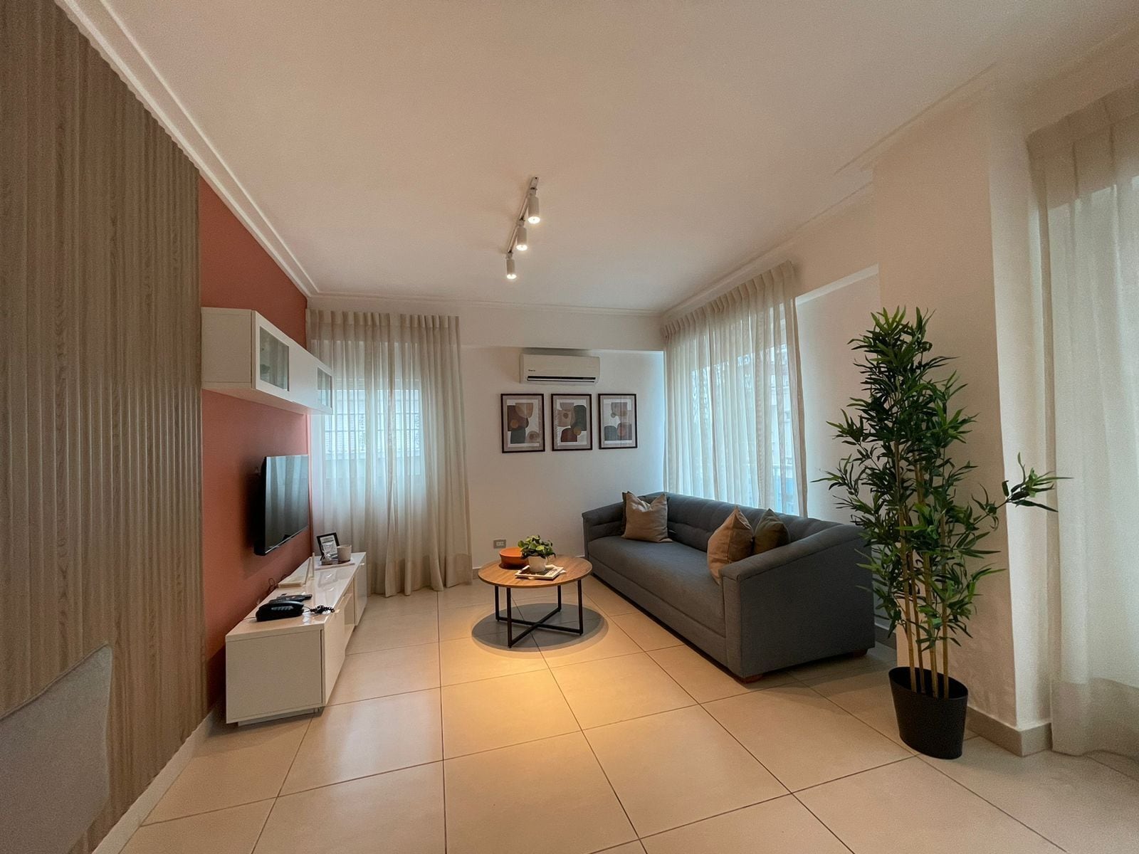 Ein modernes Wohnzimmer mit Sofa, Couchtisch, Fernseher und einer Zimmerpflanze.