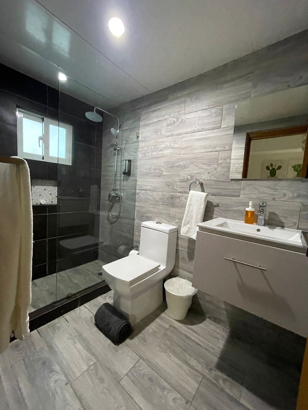 Een moderne badkamer met een glazen douchecabine, een wit toilet en een wastafel met spiegel.