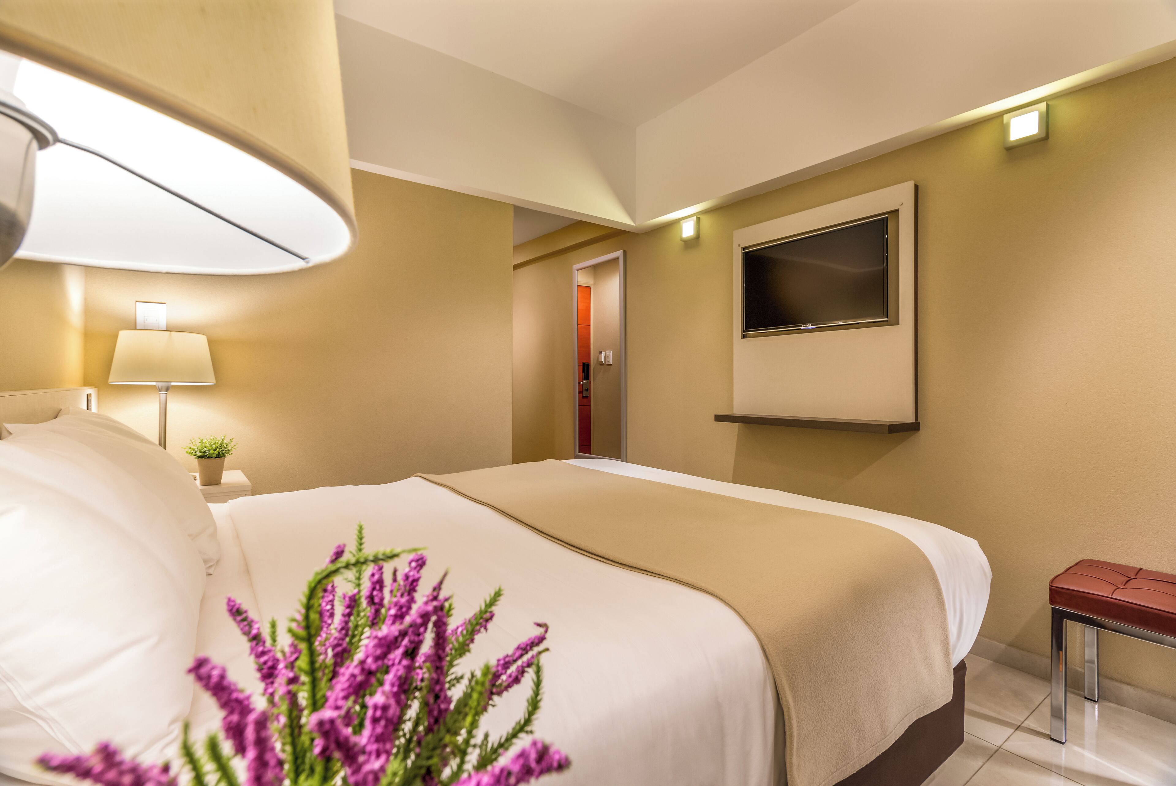 A hotel room with a bed, a TV mounted on the wall, a bedside lamp, and a small table with a red cushion.