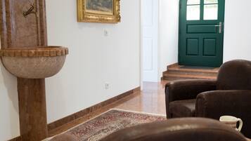 A room with a large stone sink, a green door, and a brown leather armchair.
