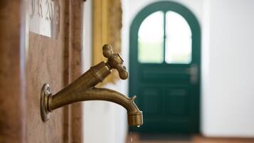 Un grifo de bronce con agua corriendo, fijado a una pared con una puerta al fondo.
