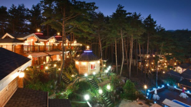 A resort with multiple buildings, a swimming pool, and a gazebo. - Castle of Magic Pension (Hoengseong)