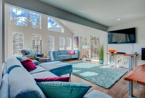 Smart TV, fireplace, video games, DVD player