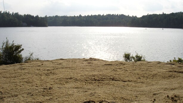 A pair of flip-flops on a sandy beach with a lake and forest in the background. - Charming Lake Cottage est 1903! Private and relaxing waterfront, family fun! (Rindge)
