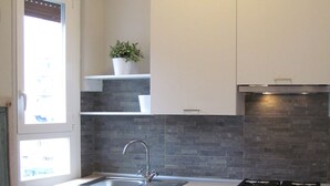 A modern kitchen with white cabinets, a stainless steel sink, a gas stove, and a potted plant on the countertop. - Ideal starting point for visiting Portofino, Riviera, Genoa, Cinque Terre (Rapallo)