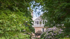 A stone pathway leading to a traditional stone house surrounded by lush greenery and flowering bushes. - Classically beautiful large family friendly retreat, situated on the Moray Firth (Moray)
