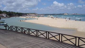 On the beach, sun loungers