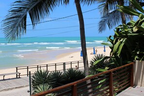 On the beach, sun loungers