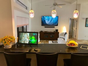 Smart TV, books, music library, stereo