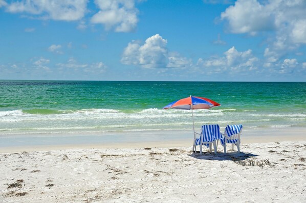 On the beach, beach towels - 302 Beautiful 3bdrm/3bath Gulf front w Jacuzzi-Heated Pool Btwn Clrwtr- St Pete (Redington Shores)