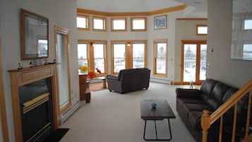 Smart TV, fireplace, books, stereo