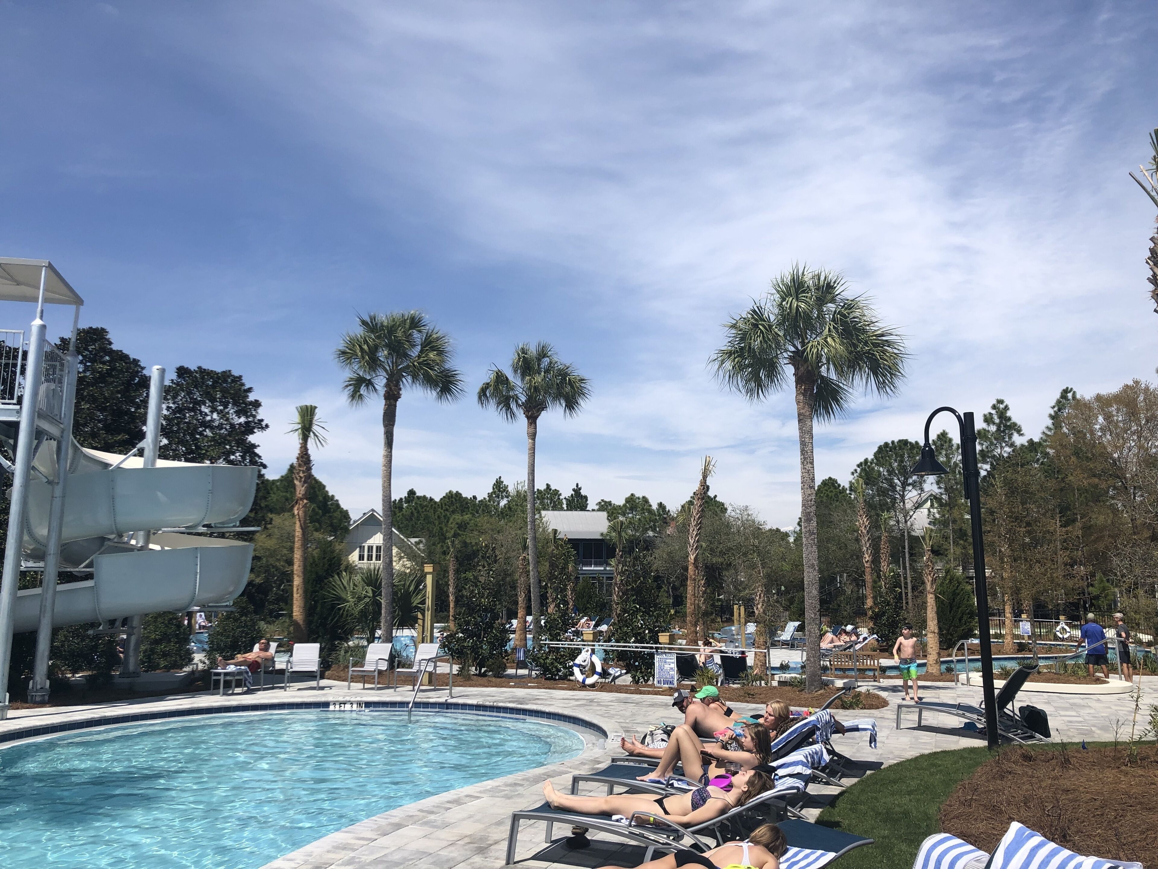 A swimming pool area with lounge chairs, palm trees, and a water slide.