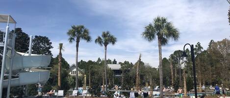 A swimming pool area with lounge chairs, palm trees, and a water slide.