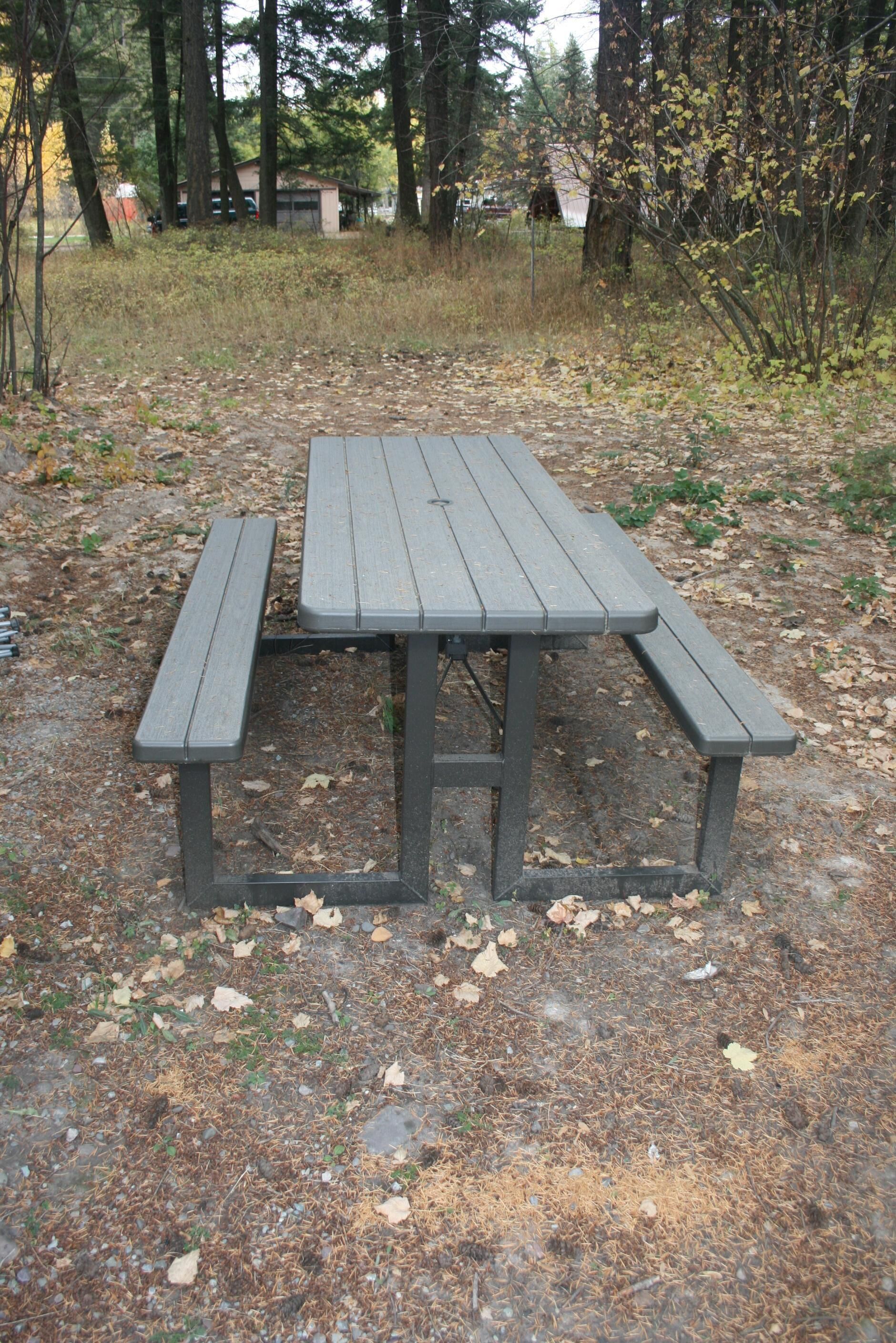 Una mesa de picnic en un área boscosa, con suelo de tierra y hojas dispersas.
