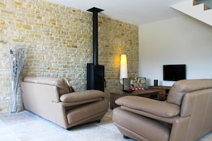 Smart TV, caminetto, lettore DVD, libri