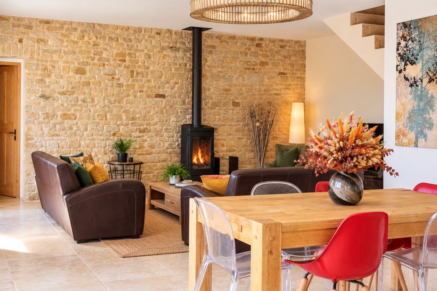 A cozy living room with a stone wall, a fireplace, a dining table with chairs, and a staircase.