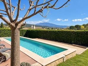 Piscina rectangular con borde de piedra, rodeada por una terraza de madera y un seto.