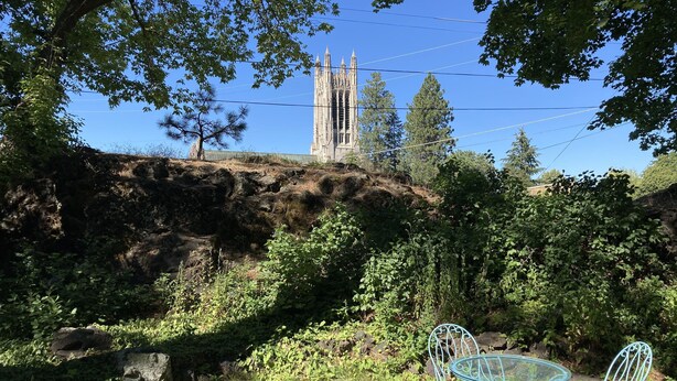 A grassy area with a metal table and chairs, surrounded by trees and vegetation, leading up to a stone building with a tower.