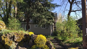 A residential area with a house, a stone pathway, and surrounding greenery.