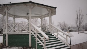 A gazebo with a roof and stairs leading up to it.