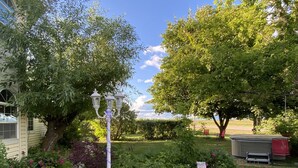 Un jardin avec un sentier, un lampadaire blanc et un jacuzzi.