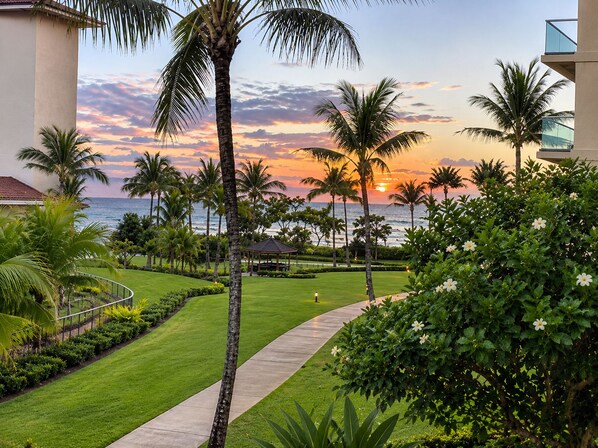 A well-maintained garden with a pathway leading to a gazebo, palm trees, and a view of the ocean at sunset.