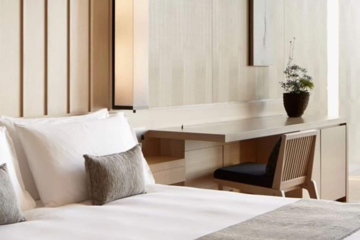 A modern hotel room with a large bed, a desk, and a potted plant.