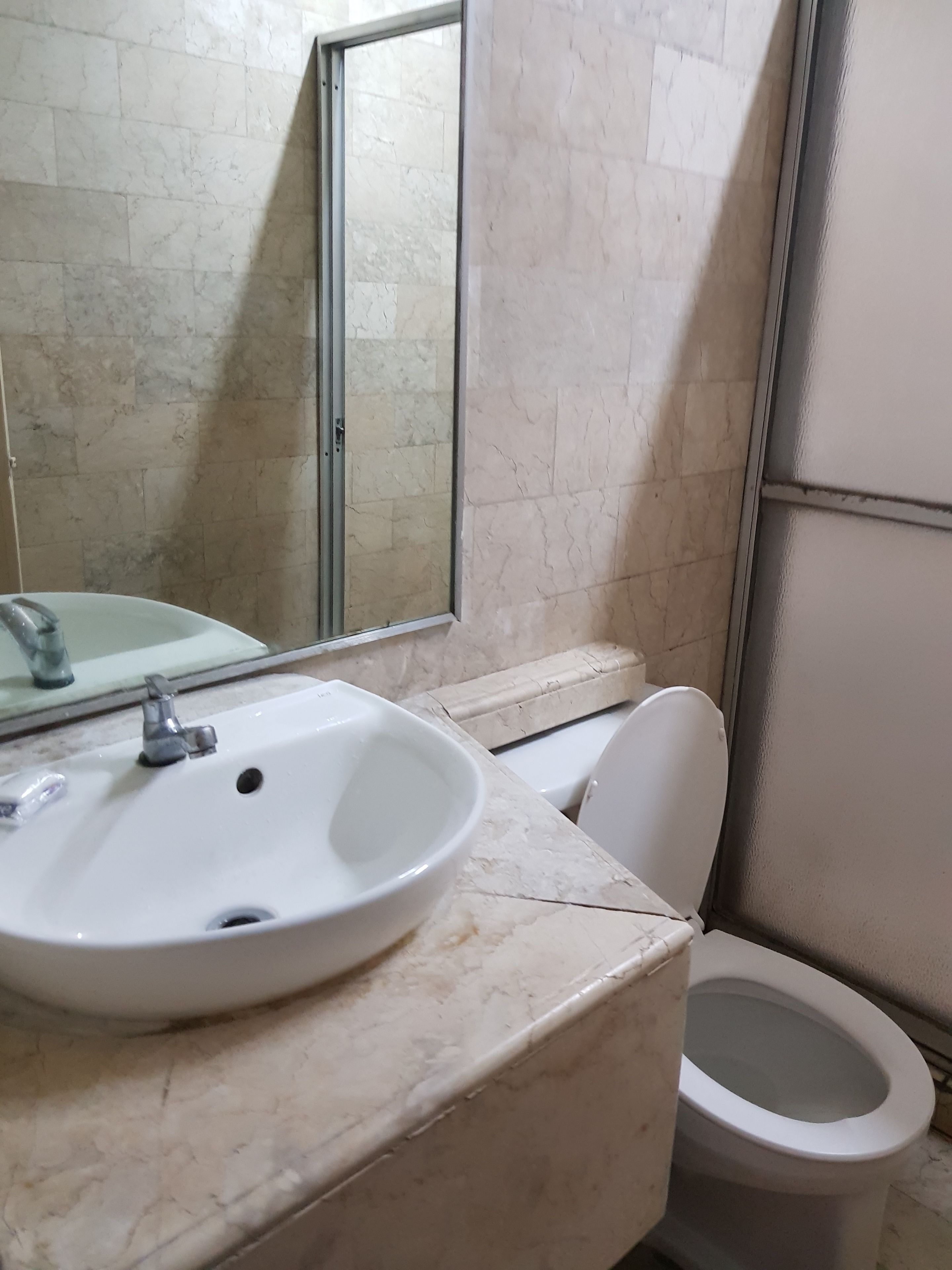 Une salle de bain avec un lavabo blanc, un miroir et des toilettes.