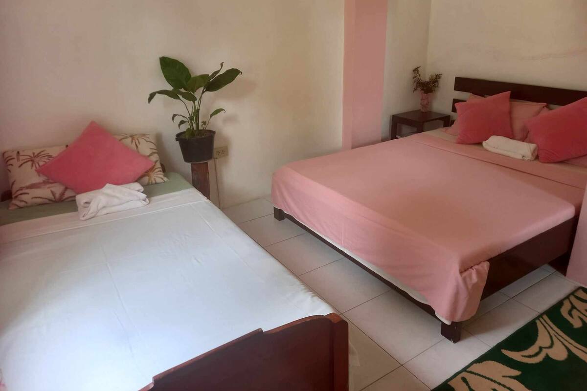 A hotel room with two beds, a potted plant, a nightstand, and a bedside table with a lamp.