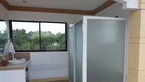 A bathroom with a window, a sink, a shower, and a potted plant. - Darcey Residences (Tagbilaran)